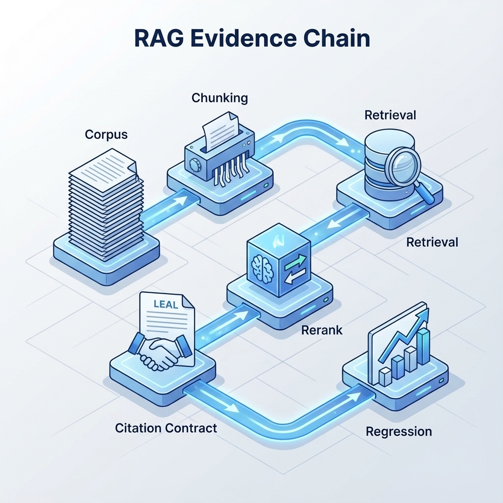 图 10-2：RAG 证据链（语料→切分→检索→重排→引用合同→回归）示意