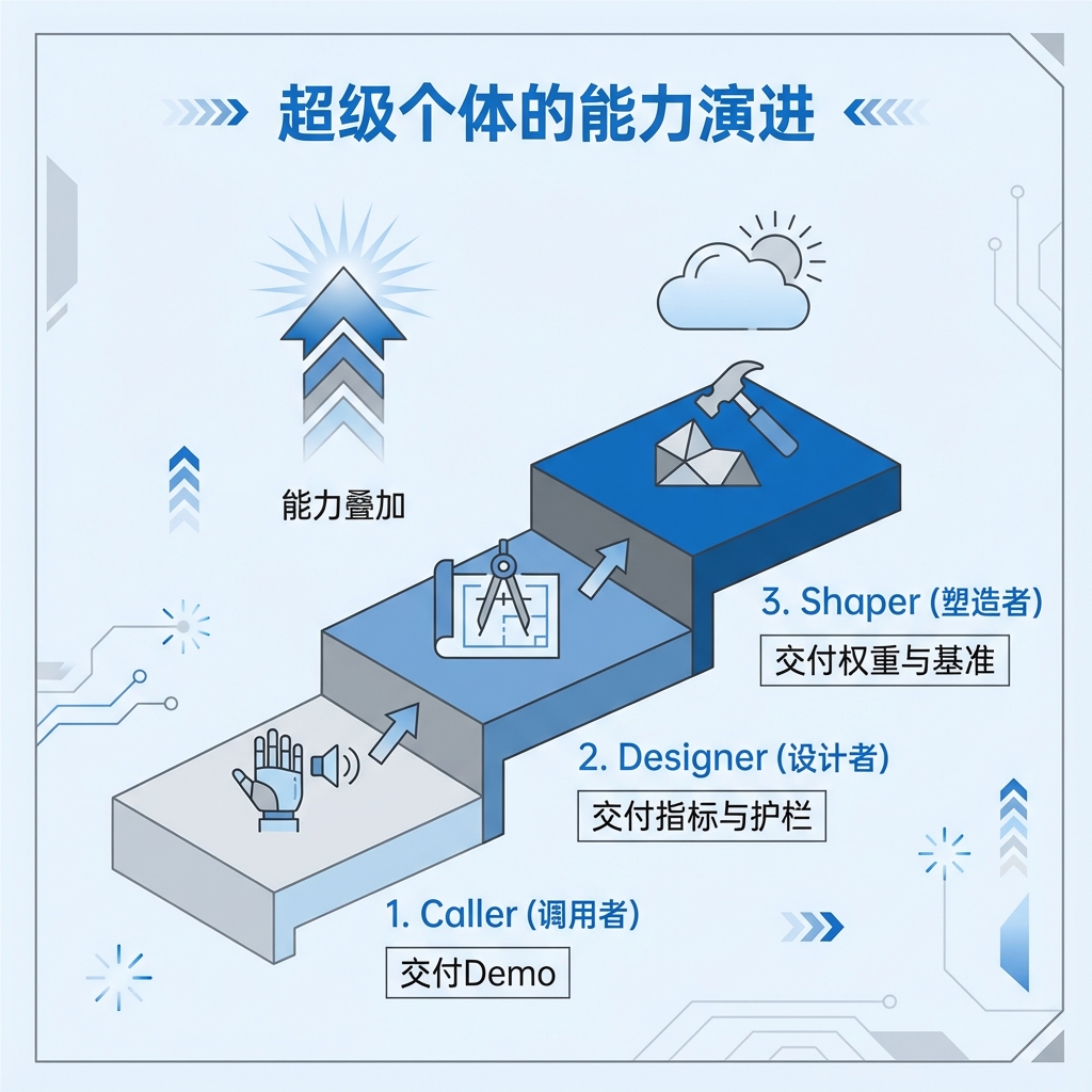 图 P-2：三阶台阶从 Caller→Designer→Shaper